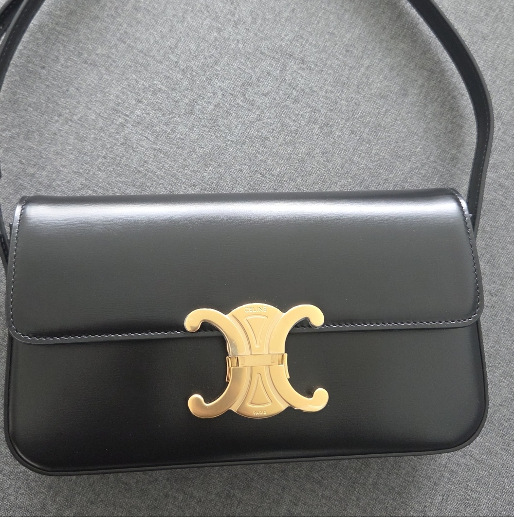 Celine Black Calfskin Leather Triomphe Claude Shoulder Bag - Picture 6 of 10